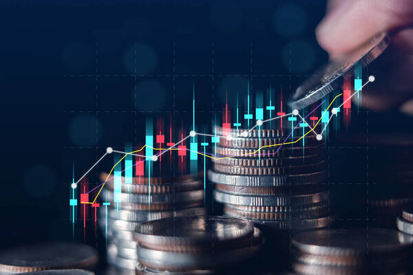 Business finance and investment concept, Capital gain world money economic growth. coin stack financial graph chart, market report on cash currency concept.