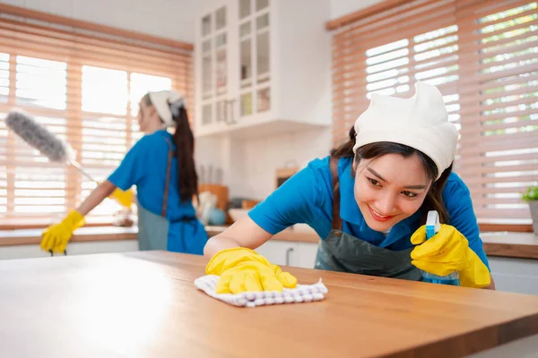 家政服务或家政服务妇女清扫家中的灰尘 清扫代理小企业 清洗旧家居的专业设备 — 图库照片