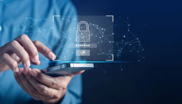 stock image Cyber security connection network data protection, businessman holding virtual locking padlock icon online network secure, encryption security of personal data on smartphone technology.