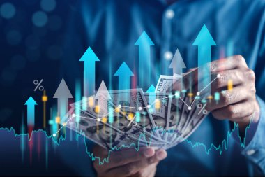 İş finans ve yatırım konsepti, sermaye dünya para kazancı ekonomik büyüme. Madeni para yığını finansal grafik şeması, nakit para birimi konsepti piyasa raporu.