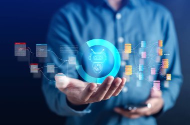 İş adamı veri analizi için ai robot teknolojisi kullanıyor, Yapay Zeka üretiyor. Fütürist teknoloji, çevrimiçi sistemde robot. İleride şirket konseptine yatırım yapmak ve geliştirmek için iş.