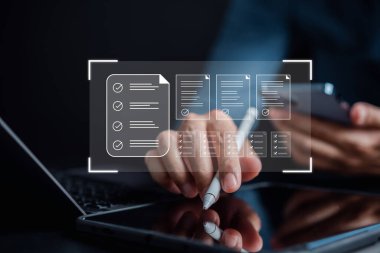 Online survey and digital form checklist by laptop computer, Document Management Checking System, online documentation database and process manage files.	
