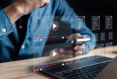 E-learning online class with document writing and checklist workshop in online class, watching video on internet, video tutorial and online seminar meeting.	