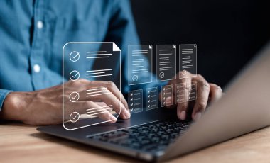 Online survey and digital form checklist by laptop computer, Document Management Checking System, online documentation database and process manage files.	