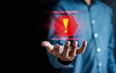 System warning caution sign for notification error and maintenance concept. cyber attack on computer network. Cybersecurity vulnerability, data breach, illegal connection, compromised information.