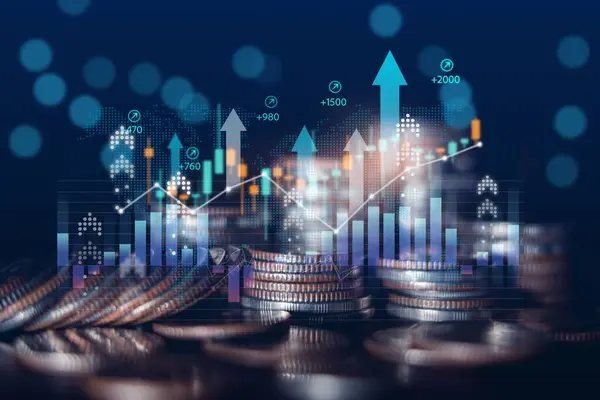 İş finans ve yatırım konsepti, sermaye dünya para kazancı ekonomik büyüme. Madeni para yığını finansal grafik şeması, nakit para birimi konsepti piyasa raporu.
