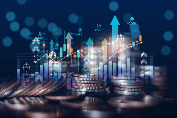 Business finance and investment concept, Capital gain world money economic growth. coin stack financial graph chart, market report on cash currency concept.