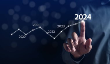 Grafik grafiği ve geri sayım ile mutlu yıllar ve mutlu yıllar, 2024 Yeni Yıl Planlama ve Meydan Okuma Stratejisi ile Mutlu yıllar 2024.
