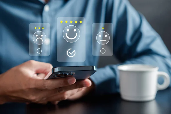 Experience of Customer and User give rating on online service on application smartphone, Satisfaction feedback and review give best quality good product survey ranking in top online business.