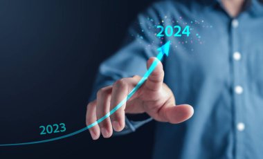 Mutlu Yeni Yıl Çözüm Planlama ve Yeni Yıl 2024 'te grafik grafiği ve geri sayım grafiğiyle mutlu noeller ve mutlu yeni yıl konseptiyle meydan okuma stratejisi işiyle büyüdü..