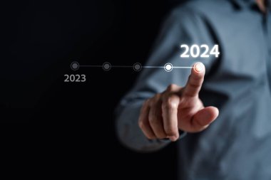 Mutlu Yeni Yıl Çözüm Planlama ve Yeni Yıl 2024 'te harita grafiği ve geri sayım grafiği ve mutlu yıllar konseptiyle meydan okuma stratejisi ticareti adımları.