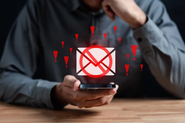 Blocked Email inbox and spam virus with warning caution for notification on internet letter security protect, junk and trash mail and compromised information.