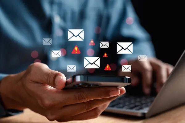 Alert Email inbox and spam virus with warning caution for notification on internet letter security protect, junk and trash mail and compromised information..
