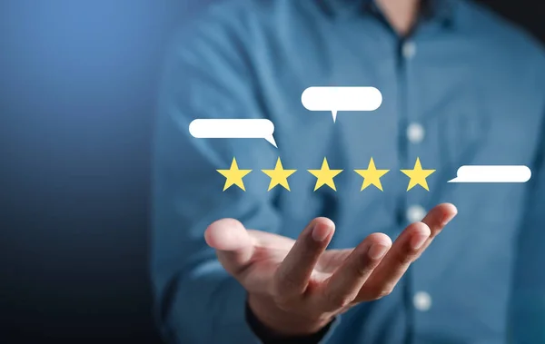 Customers rate service of Businessmen choose to rate 5 stars give five star symbol. Excellent rating. User give rating, feedback, good business network score.