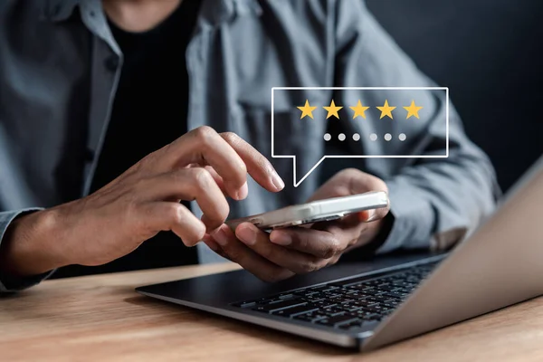Customers rate service of Businessmen choose to rate 5 stars give five star symbol. Excellent rating. User give rating, feedback, good business network score.