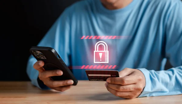 System warning caution sign on smartphone, scam virus attack on firewall for notification error and maintenance. Network security vulnerability, data breach, illegal connection and information danger.