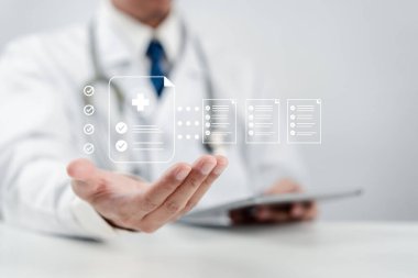 Tedavi raporu konseptiyle doktor kontrolü. Artı ve sağlık sağlık sağlık ikonu, sağlık ve sağlık hizmetlerine erişim.