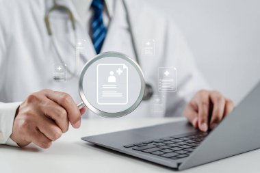 Tedavi raporu konseptiyle doktor kontrolü. Artı ve sağlık sağlık sağlık ikonu, sağlık ve sağlık hizmetlerine erişim.