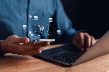 E-ticaret konsepti alışverişi, Teknoloji çevrimiçi alışveriş işi ürünleri.