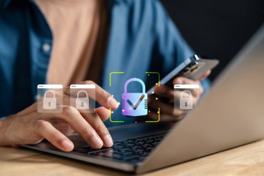 Biyometrik onayı ve dijital kimlik doğrulaması olan güvenli giriş doğrulama sistemi. siber güvenlik, veri koruması ve dijital erişim denetimi.