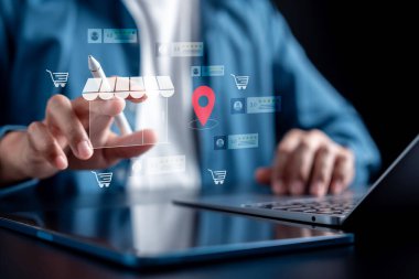 Mağaza pazarı müşteri ve dijital alışveriş, e-ticaret, çevrimiçi perakende, müşteri değerlendirmesi, ürün dağıtımı ve dijital pazar.