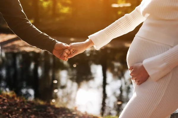 カップルと男と妊婦の写真が手を取り合って日没に湖を歩いています 自然の中で妊娠を楽しんで幸せな家族 母の日と女性の日の概念 — ストック写真