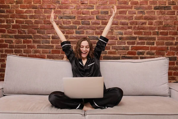 Excited Young Woman Looking Laptop Screen Arms Raised Rejoicing Good — Stock Photo, Image