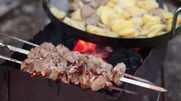 옥외에 불위에 위에서 커다란 프라이팬에 돼지고기 바베큐와 감자가 요리를 길거리 — 비디오