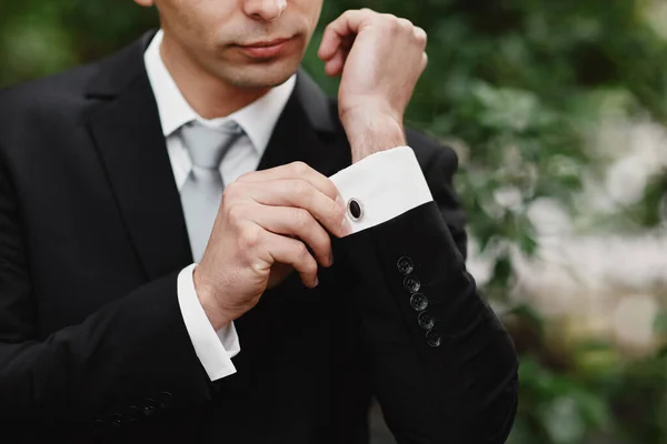 Stylish Confident Man Suit Tie Outdoors Reception Luxury Wedding Rich — Stock Photo, Image