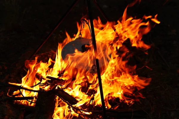 Vaření Venku Polních Podmínkách Kotel Ohni Lese Vaření Hranici Při — Stock fotografie