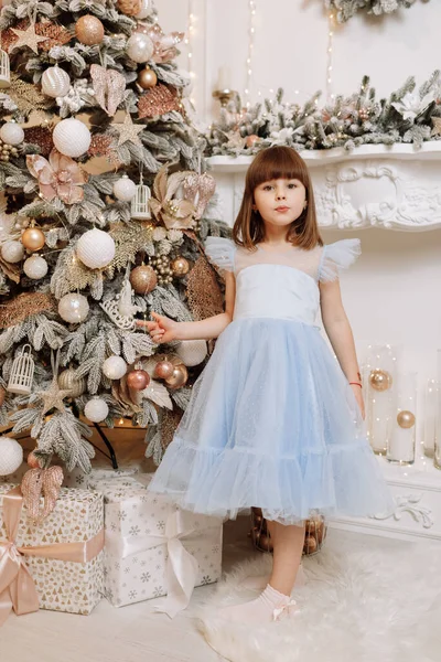 Entzückend Lächelndes Kleines Mädchen Festlichem Prinzessinnenkleid Blickt Die Kamera Einem — Stockfoto