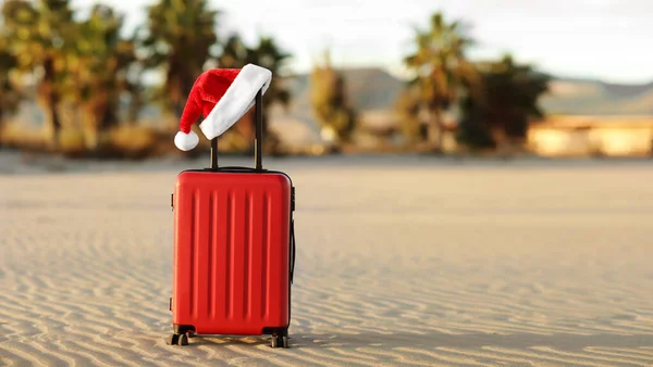 Red Suitcase Santa Claus Red Hat Handle Tropical Sand Beach — Stock Photo, Image