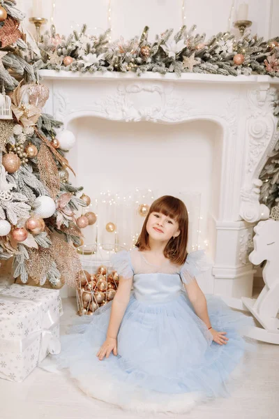 Adorable Smiling Little Girl Festive Princess Blue Dress Looking Camera — Stock Photo, Image
