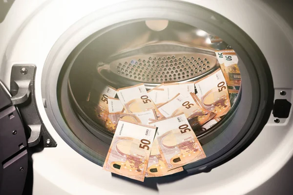 Eurosedlar Inuti Tvättmaskinen Pengatvätt Symbol Skatteflykt Olagliga Finansiella Transaktioner Eurovaluta — Stockfoto
