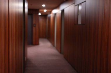 Ahşap panelli duvarları, zarif halıları ve tavanında ışıklandırması olan modern otel koridorunun içi boş.