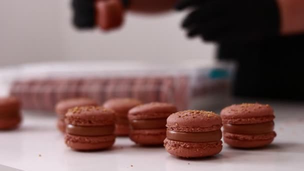 Macaron Cioccolato Dolce Francese Pronto Trova Imballaggio Plastica Negozio Panetteria — Video Stock