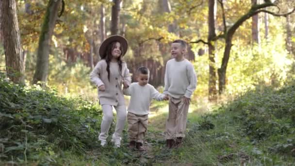 Group Smiling Sibling Kids Holding Hands Jumping Rejoicing Outdoors Forest — Vídeo de stock