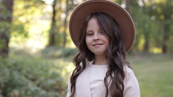 Portrait Beautiful Little Girl Hat Looking Camera Smiling Happy Cute — Stock Video