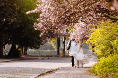 Valentines day. Beautiful, cheerful and lively newlyweds, groom and bride are hugging near the blooming pink cherry blossom. Wedding portrait of a close-up of a smiling bearded groom and a cute bride