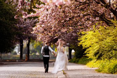 Valentines day. Beautiful, cheerful and lively newlyweds, groom and bride are hugging near the blooming pink cherry blossom. Wedding portrait of a close-up of a smiling bearded groom and a cute bride
