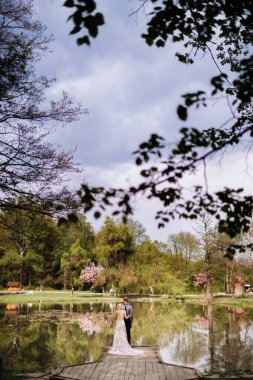 Side view of beautiful stylish newlyweds couple, bearded groom and bride in luxury long white dress are hugging by the pond in blooming pink cherry, sakura blossom park. Wedding day, valentines day.