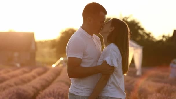 Young Heterosexual Couple Love Gently Kissing Hugging Blooming Lavender Field — Stok video
