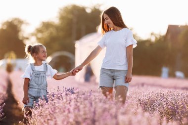 Anneler Günü. Genç, güzel bir anne ve sevimli bir çocuk gün batımında lavanta tarlasında el ele yürümekten zevk alırlar. Çocuğa annelik ve sevgi. Aile günü. Aile görünüşü.