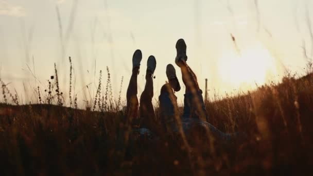 女性と男性は屋外で楽しんでいます ヒップスターカップルを愛する草の中に横たわっていると日没の光で夏にスニーカーで足を持ち上げています バレンタインデー — ストック動画