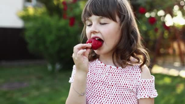 Mała Dziewczynka Dziecko Cieszące Się Bliskimi Oczami Zjada Czerwoną Dużą — Wideo stockowe