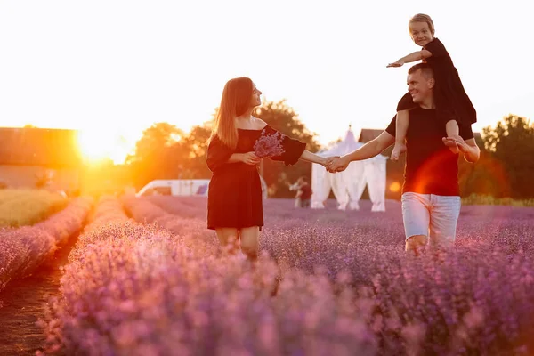happy family day. Young mother and father carrying on shoulders daughter in lavender field on sunset. Dad, mom and child girl having fun on nature on summer. Concept of friendly family. family look.