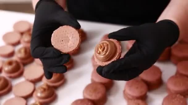 Process Making Macarons Macaroons French Dessert Chef Hands Black Gloves — Stock Video