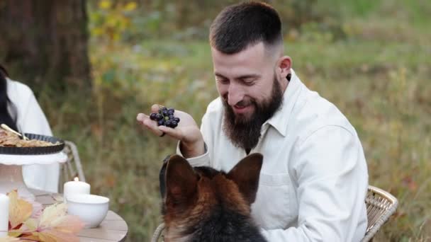 Young Happy Couple Having Picnic Adult German Shepherd Dog Outdoors — Vídeos de Stock