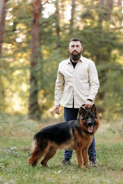 Full length portrait of a handsome confident bearded man holding leash of adult German shepherd dog and look at camera. Concept of trust, protection, Friendship and love between humans and animals.