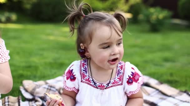 Children Day Little Sisters Having Picnic Backyard Lawn Summer Warm — Vídeo de stock